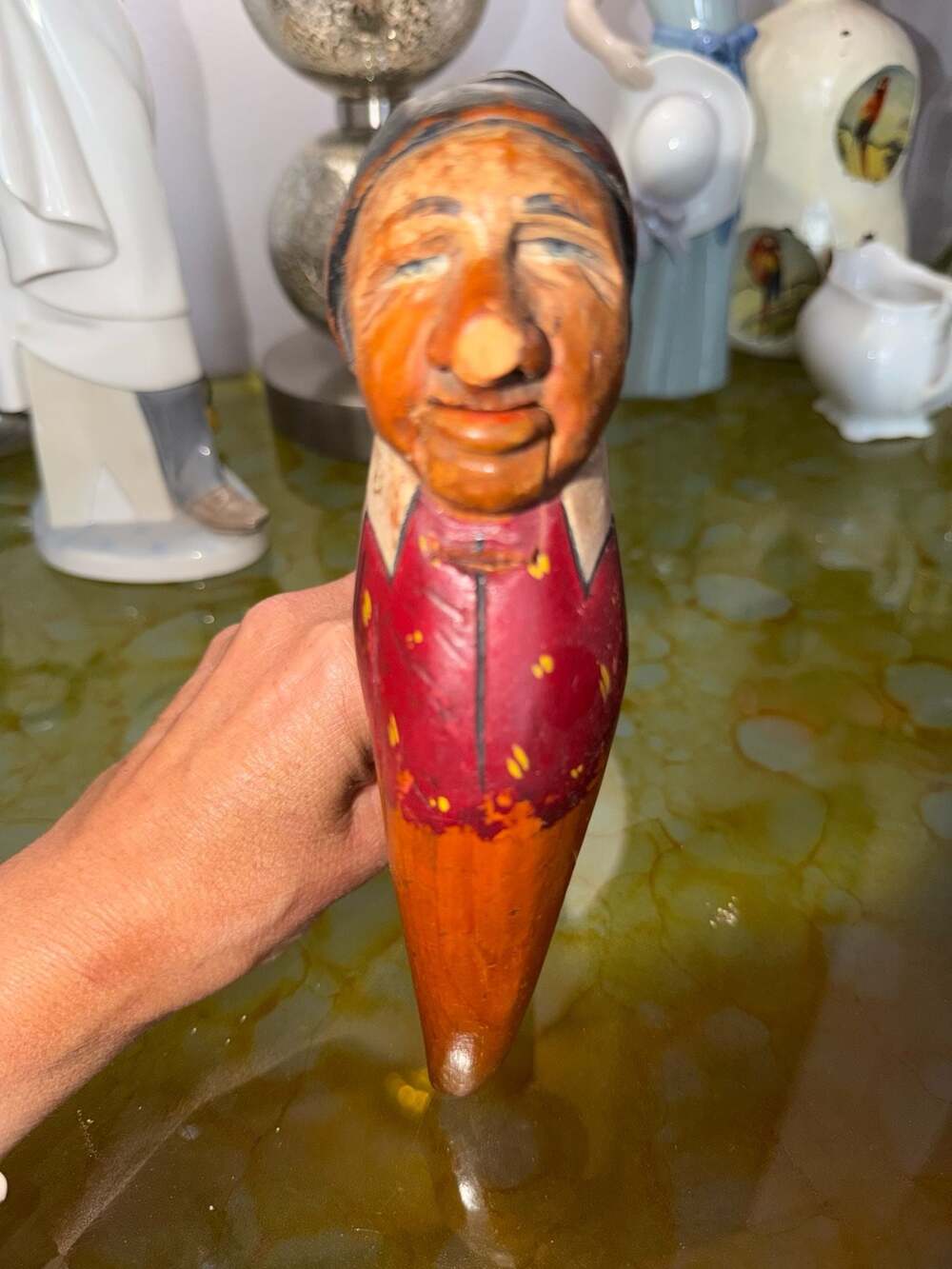 Vintage Anri Style Hand-Carved Wood Mechanical Bottle Stopper with Movable Mouth